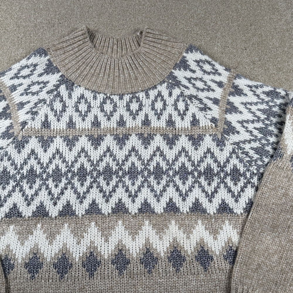 Lucky Brand Womens XL Tan Fair Isle Sweater Pullover Mock Neck Geometric Chunky‎